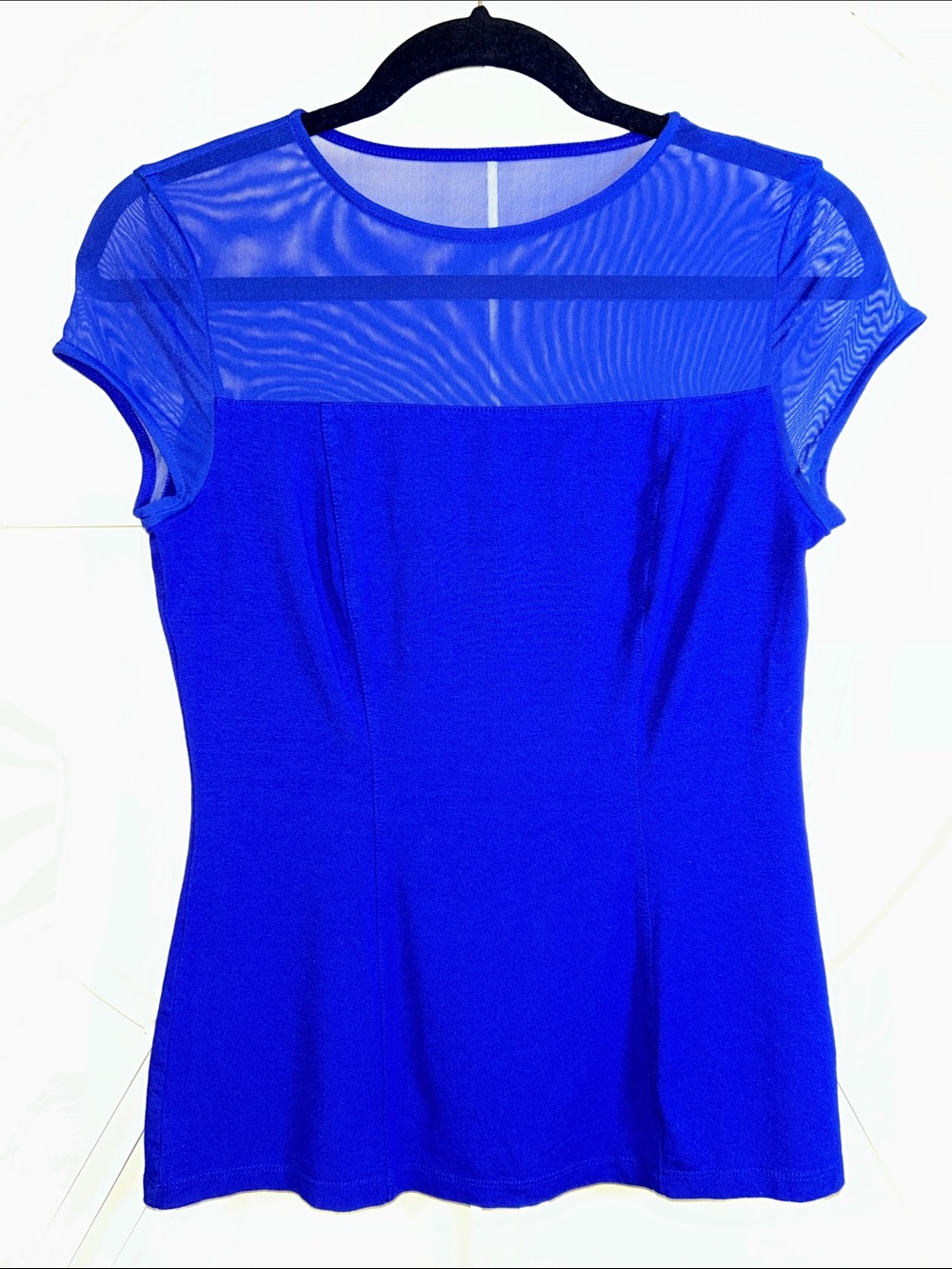 Cache Cobalt Royal Blue Blouse Sheer Mesh Illusion Neck Princess Seams Top